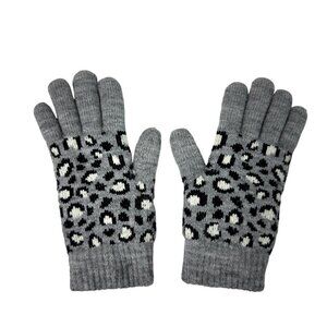 Women’s Gray Leopard Print Knit Winter Gloves Fleece Lined